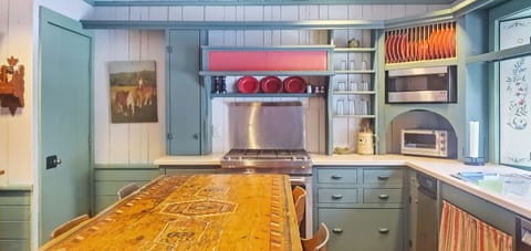 Kitchen cooking area with range, counter space, and open shelving.