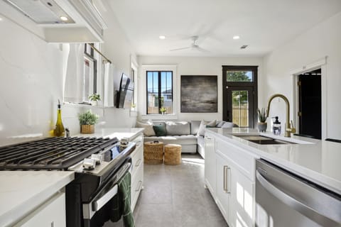 The spacious island provides extra prep space and casual seating.