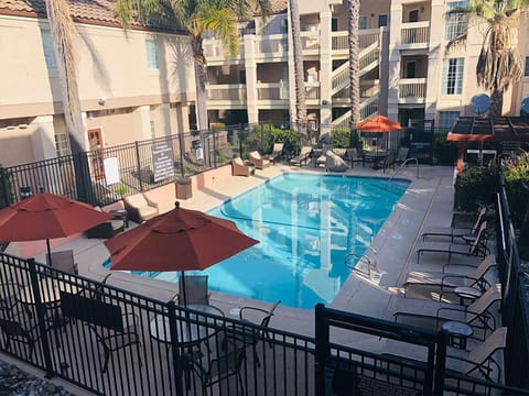 Unwind poolside under shaded umbrellas with a cool drink.