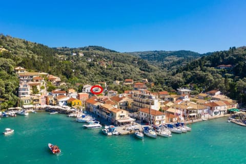 Aerial view of Lakka showing location of Niki Studio Ena