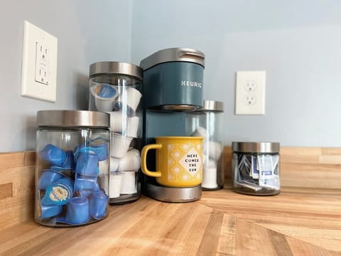 Coffee station with a Keurig coffee maker. 