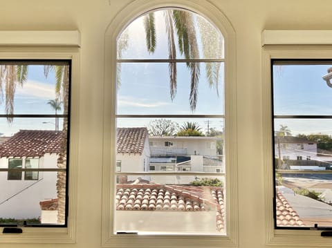 Master bedroom window view of 2 majestic palms. 