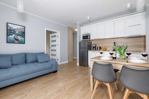 The living area features a sleek dining table and a flat-screen television.