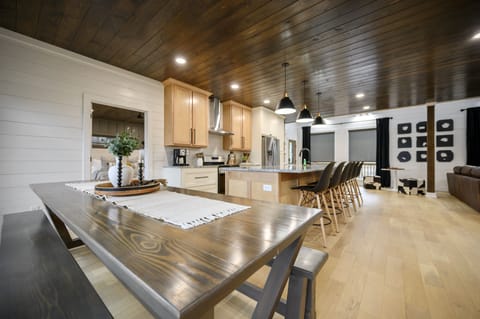 The dining area and kitchen.
