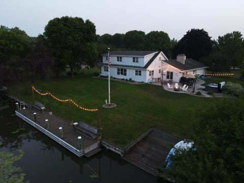 Large dock to tie up to, kayak/paddle board launch, large stamped concrete patio