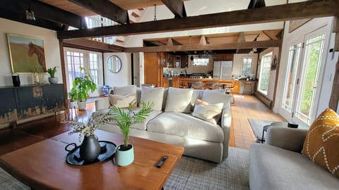 Comfortable living room with kitchen beyond