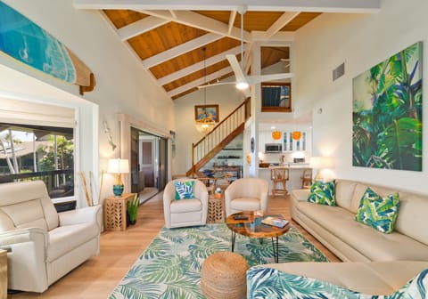 New wood stairs, koa wood railings, new custom wood shades, furniture, floo 6-23