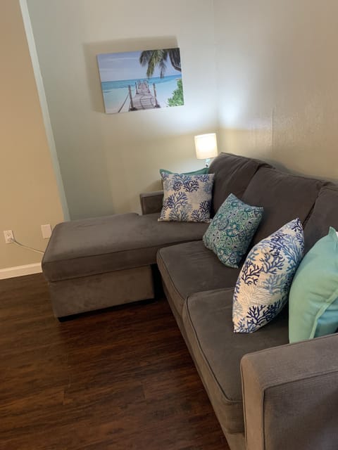 Comfy, colorful large living room with queen sofa bed
