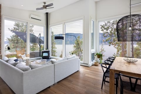 Pellet stove and floor to ceiling windows for a beautifully relaxing view
