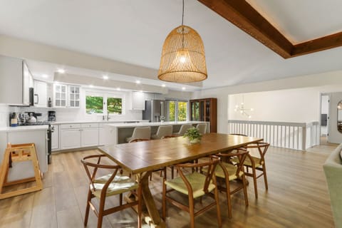 Dining table (seats 8) + kitchen island (seats 4)