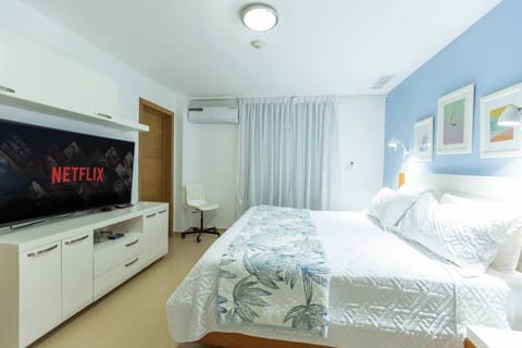 Main room has smart tv, king size bed, private balcony, bathroom and private closet.