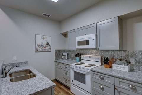 Full size appliances, toaster, basic coffee maker, all pots/pans/etc