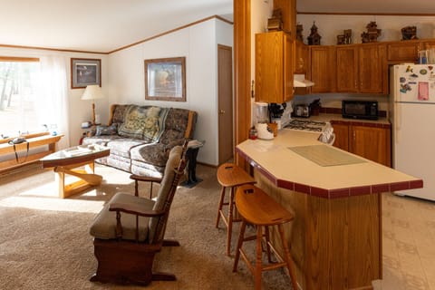 Bar stool seating at the counter.  Very comfy gliding rocker.