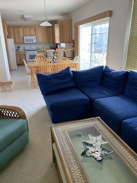 Family room with plenty of seating, TV, deck access, ceiling fan.