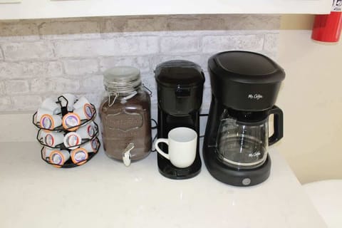 k-cup & drip coffee maker, k-cups, coffee, creamer & sugar (not pictured).