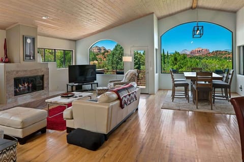 This multi-level home blends the outside natural beauty of Sedona with its well-appointed contemporary interiors