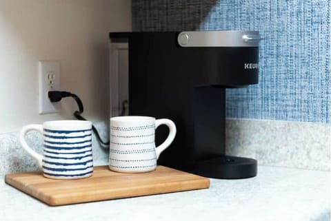 Keurig with pods, creamers (in fridge) and sweeteners