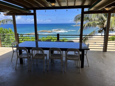 1,000 square foot lanai/deck overlooking the white sands of Three Tables Beach.