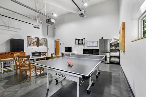Ping pong table, card table, dartboard, foosball table, cornhole boards, & games