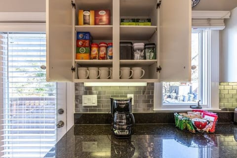 Coffee and Tea station plus a basket of yummy snacks