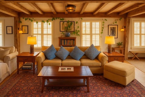 Relax under century-old beams in a sun-filled lounge framed by climbing greenery.