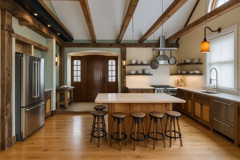 Cook and gather in an airy chef’s kitchen under exposed beams