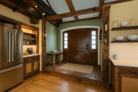 Step inside to a chef’s kitchen framed by hand-hewn beams and a grand arched door.
