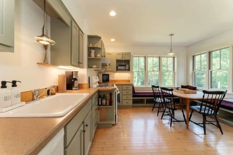 Kitchen and dining area, surrounded by windows.