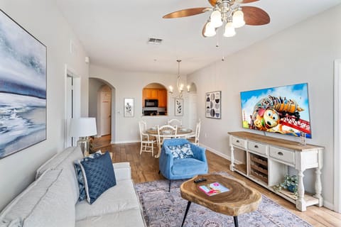 The living area is thoughtfully designed with a smart TV, offering entertainment and relaxation for guests to unwind and enjoy their favorite shows or movies.