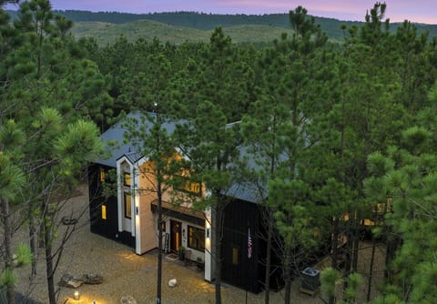 🌲 Breathe in the fresh air amidst towering pines. Wild Mountain Honey cabin's front facade blends modern board & batten with white-washed pine. 🏡✨