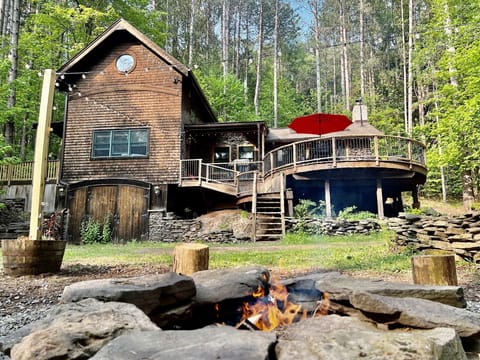 Looking up at the cabin from the fire pit area. 
