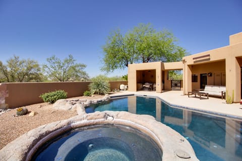 Patio | Outdoor Pool (Depth 2'-8') | Hot Tub | Mountain Views