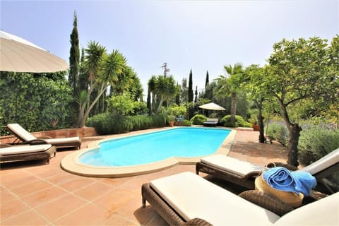 Fantastic private swimming pool with sun loungers and umbrellas for guests
