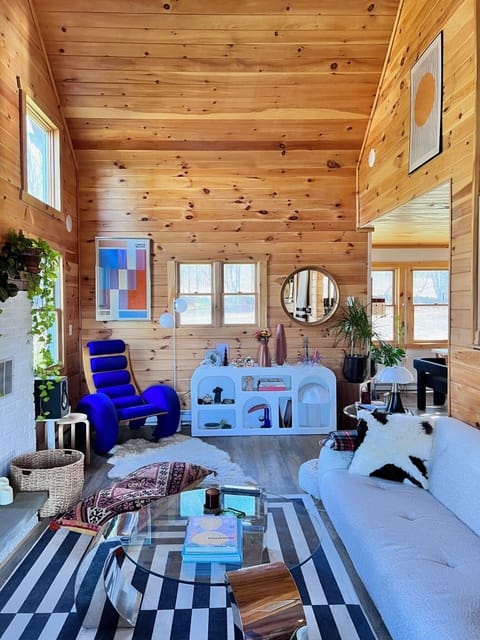 Our beautiful living room with vaulted knotty pine ceilings. 