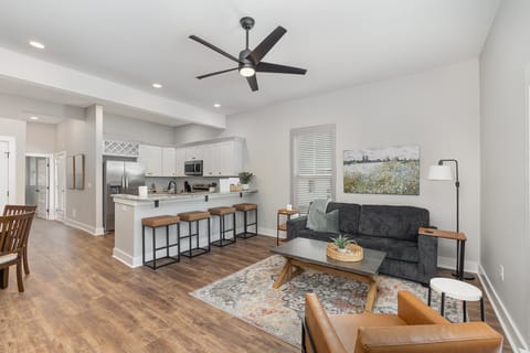 Spacious and open living, dining and kitchen spaces with lots of bright light.

