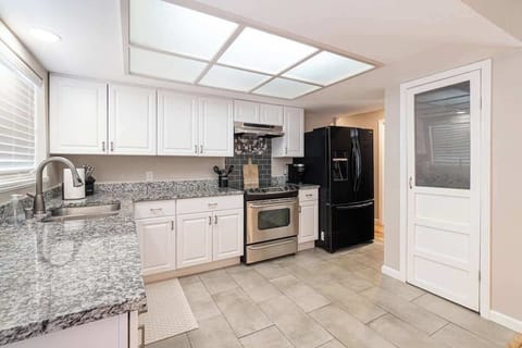 Fully stocked kitchen.
Keurig coffee bar with complimentary coffee.
Large Fridge.