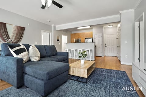 Open living room with sleeper sofa and smart tv