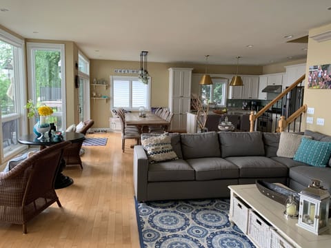 Family room with fireplace open to kitchen