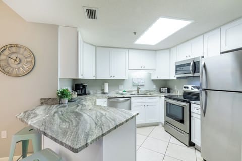 Modern Kitchen,Grantite with all the items you need to boil shrimp or make a delicious supper.