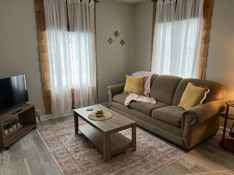 Living room has comfortable couch. TV available.