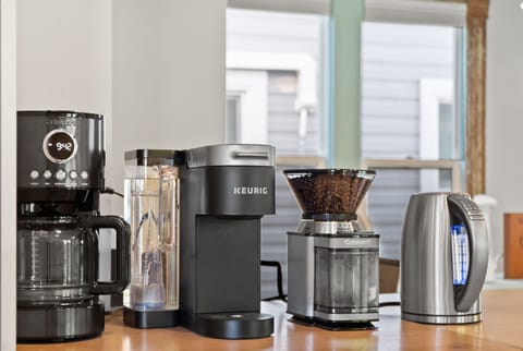 Coffee bar!  Cuisinart 12 cup drip coffee maker, bean grinder (filled with Starbucks beans), and a Keurig (pods provided for your first morning), electric kettle (sampling of hot teas provided) 