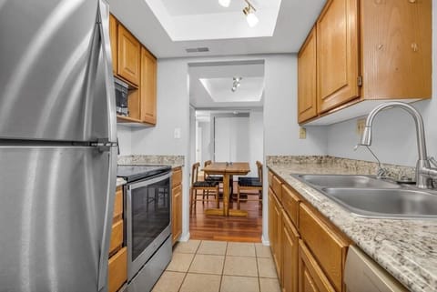 The fully equipped kitchen features everything you need to whip up a meal from stainless steel appliances to a full range of basic cookware, even a crockpot and blender.