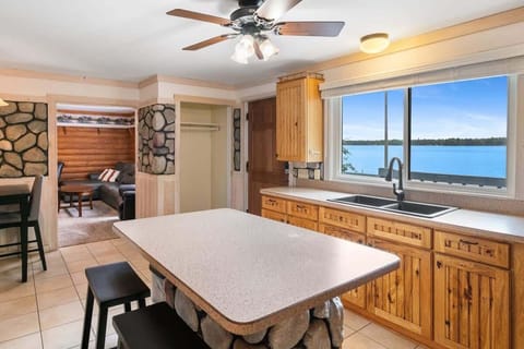 Large kitchen with room for the whole family, with a bonus view of the lake