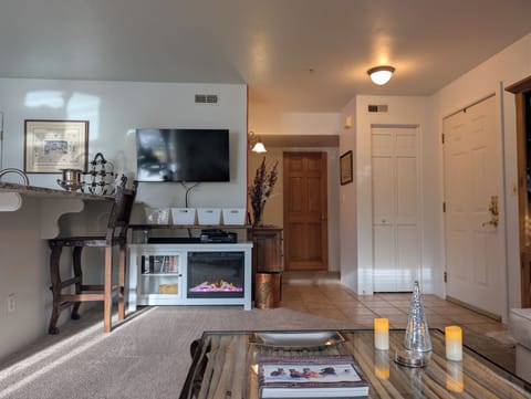 42" SMART TV, Sports, Netflix, PBS, VHS&DVD w/Disc & Tapes
Faux Fireplace 
Bins 