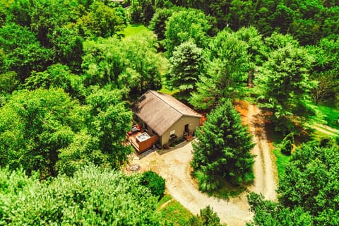 An aerial shot of the cabin and the private back yard space.