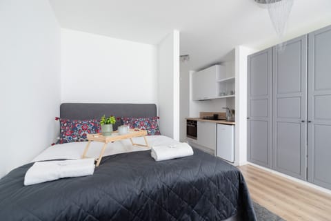 The living area features a sleek dining table and a flat-screen television.