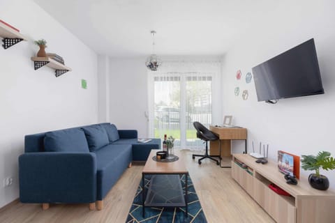 The living area features a sleek coffee table and a flat-screen television.