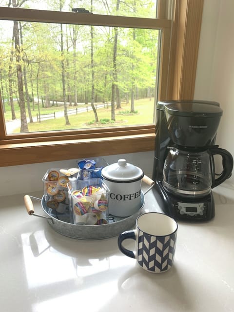 Morning coffee view. Fresh coffee and creamers provided with each new guest.