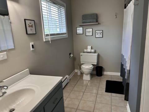 Spacious bathroom with extra towels, shampoo/conditioner and body wash. 