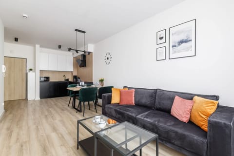 A bright living room with a black sofa, decorated with vibrant cushions, a coffee table, and a large window.